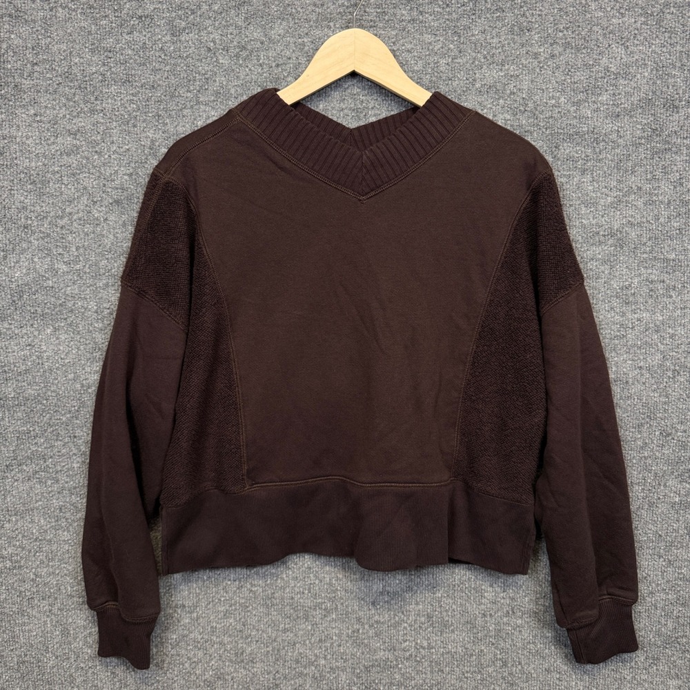 Aerie Size XS Sweatshirt Brown Cotton Blend Ribbed V Neck Baggy Oversized Boxy
